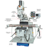 Call-outs of the various features of the 10" x 54" 5 HP 3-Phase Mill with DRO
