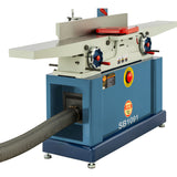 A side view of the 8" Parallelogram Jointer with 4" ducting connected to the 4" dust port