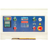 The control panel with sanding belt and conveyor on/off buttons, emergency stop, amp meter, table position keypad, and digital display 