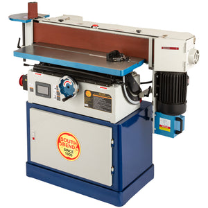 The main operating side of the SB1097 Oscillating Edge Sander with the belt in the vertical position.