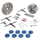 The included accessories: 10" faceplate, 8" 4-jaw independent chuck, MT#3 dead centers, MT#5 to MT#3 spindle sleeve, leveling pads, and service tools.