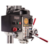 The head features fine downfeed control, a forward/reverse spindle switch, 3-phase variable speed, and a digital spindle speed readout.
