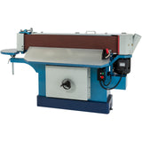 The Oscillating Edge Sander with the heavy-duty precision-ground cast-iron table tilted at 45 degrees