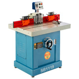 The front and outfeed side of the 3 HP Single­-Phase Spindle Shaper