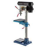 The right side of the SB1125 19-1/2" Floor Drill Press featuring the coarse downfeed levers, motor, and table elevation crank.
